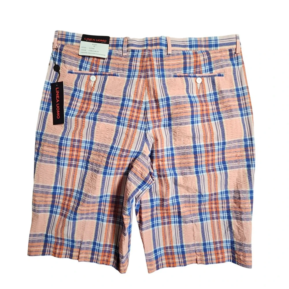 Linea Uomo‎ Mens Seersucker Plaid Shorts Coral Blue 40 Travel Coastal Resort NWT